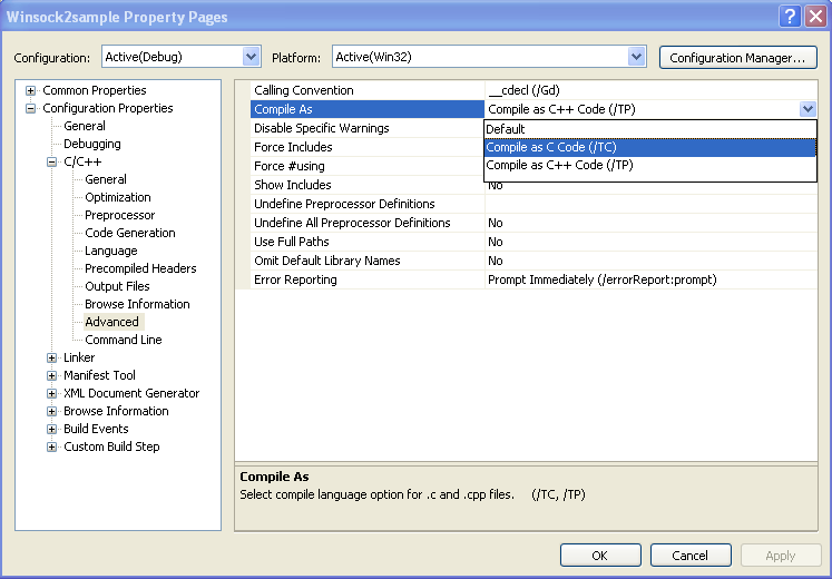 The Visual studio 2008/visual C++ .NET and winsock2 C code building (compile and link) issue and how-to documentation 12