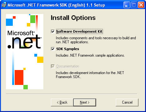Selecting .NET Framework SDK install options