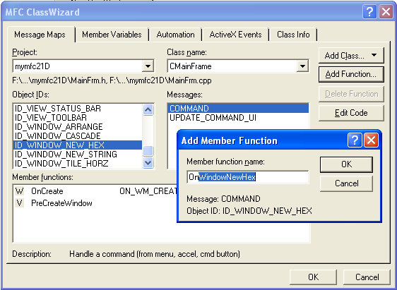 Adding the command-handling function OnWindowNewHex() to the CMainFrame class.