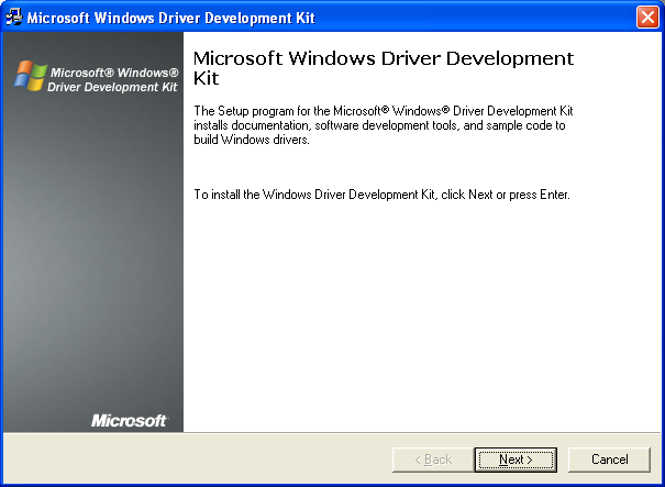 The Microsoft Windows Driver Development Kit, DDK installation welcome page