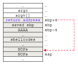 Spawning a root shell exploit - stack's content arrangement with NOPs and shellcodes