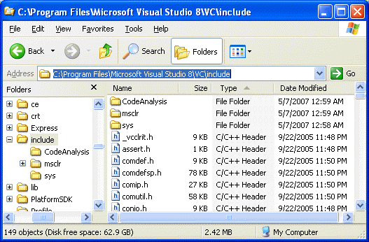The header files seen under the default include folder of the Visual Studio .NET 2005