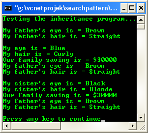 C++ full working inheritance program example - a sample program output