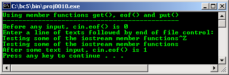 C++ stream formatted IO, get(), eof(), put() program example