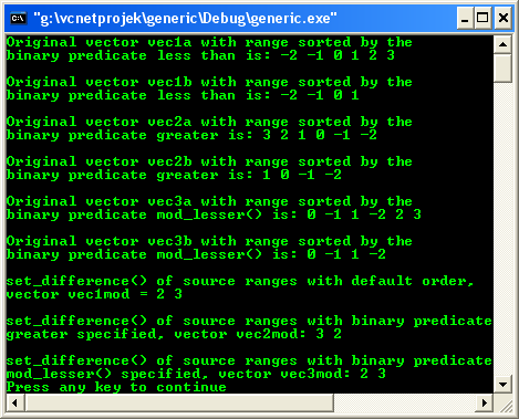 C++ STL Algorithm set_difference() program example