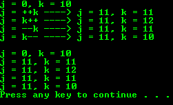 C postincrement, postdecrement, preincrement and predecrement program example