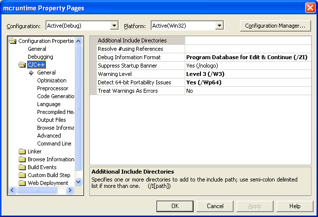Visual C++ .Net project property settings page