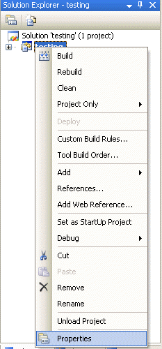 Invoking the Visual Studio C++ project property page