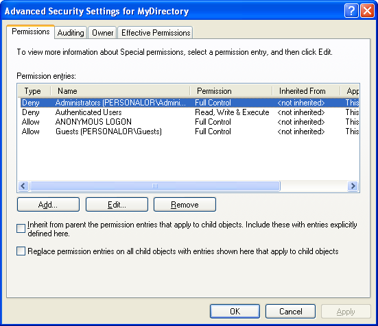 Advanced security setting for Windows directory