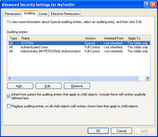 Auditing page of the directory property page