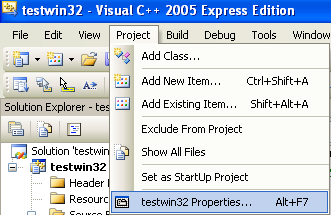 VC++ project properties menu