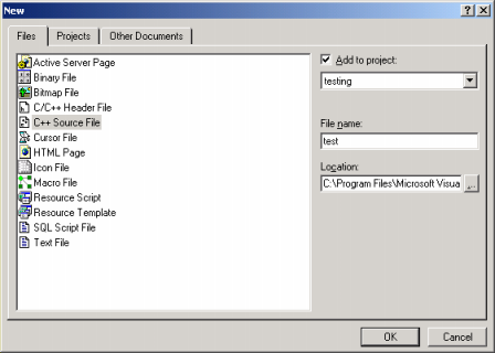 Microsoft Visual C++ compiler new project add source file and location