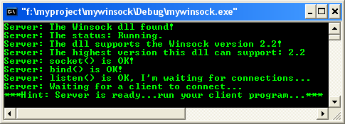 Windows socket program example output screen: more using send() and recv()