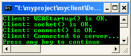 Windows socket program example output screen: using connect() for client