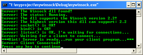 Windows socket program example output screen: using connect() for server