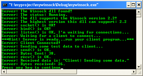 Windows socket program example output screen: using a complete recv() and send() for server