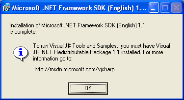 The .NET Framework 1.1 SDK components installation completion