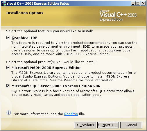 Visual C++ 2005 Express Edition installation option page