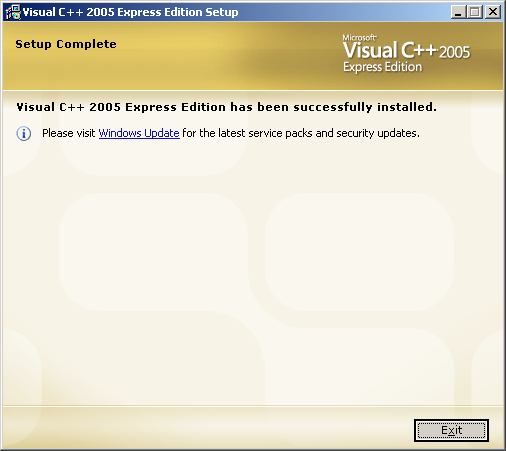 Visual C++ 2005 Express Edition installation setup complete page
