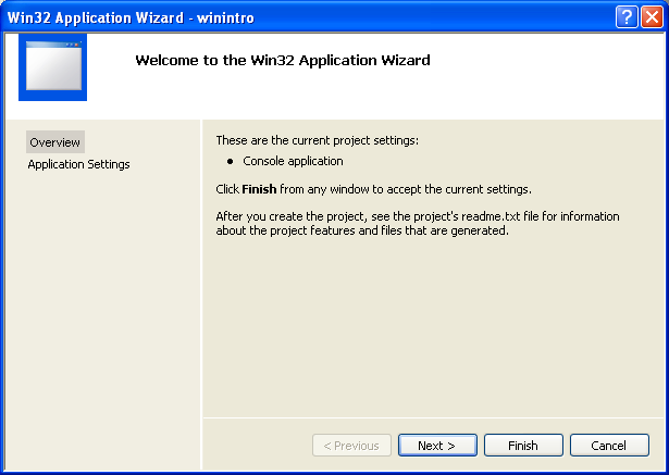 Visual C++ 2005 Express Edition - Win32 project application wizard
