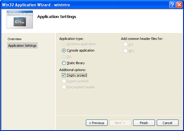 Visual C++ 2005 Express Edition - selecting an empty Win32 project