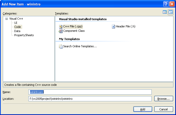 Visual C++ 2005 Express Edition - putting the C++ source file name