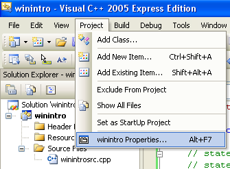 Visual C++ 2005 Express Edition - browsing the project property page