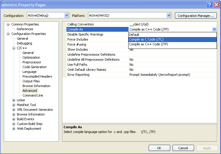 Visual C++ 2005 Express Edition - browsing and setting the project property page