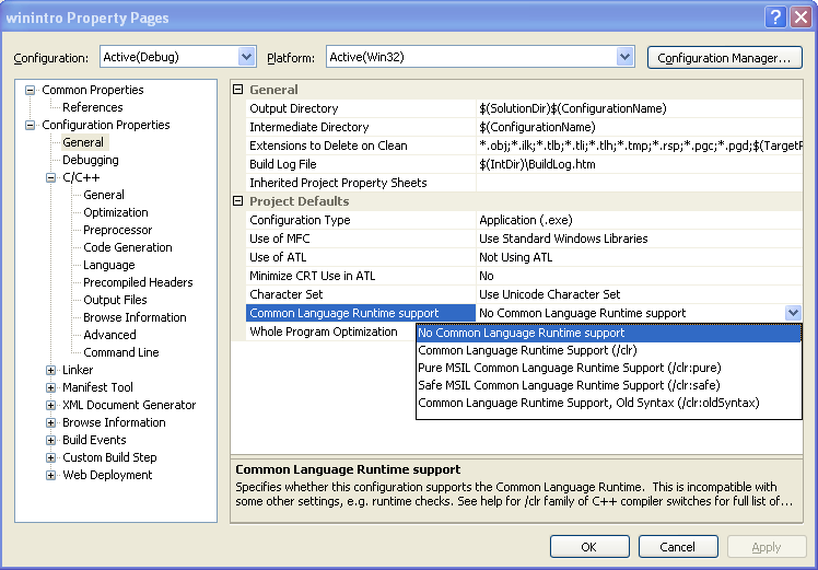 Visual C++ 2005 Express Edition - Common Language Runtime, CLR setting