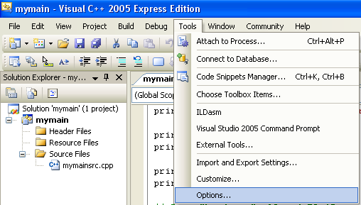 Visual C++ 2005 Express Edition - accessing project options