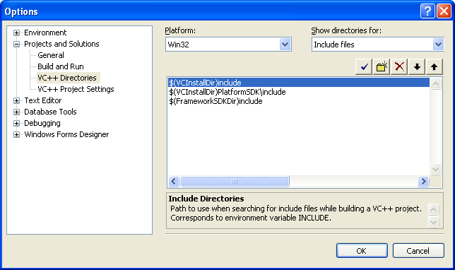 Visual C++ 2005 Express Edition - the include files path