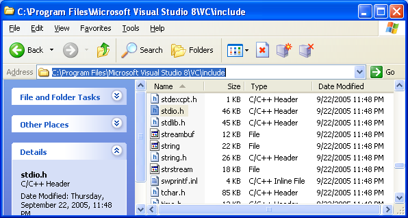 Visual C++ 2005 Express Edition - browsing the include files physically