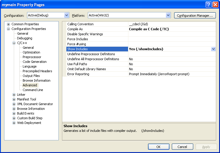 Visual C++ 2005 Express Edition - setting the project property to show all the include files during the building process
