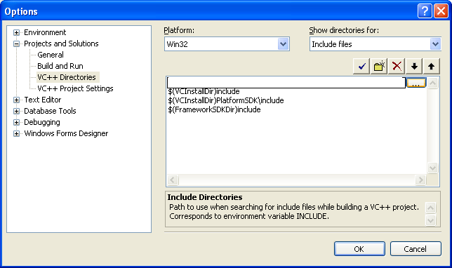 Windows SDK VC++ Express Edition - adding new path for Include files
