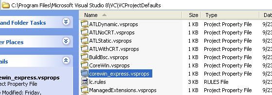 Enabling other options in VC++ EE project wizard - updating corewin_express.vsprops file