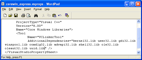 Enabling other options in VC++ EE project wizard - updating corewin_express.vsprops file with more Windows core library files