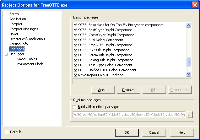 A list of the installed packaged seen in the real FreeOTFE GUI project option page