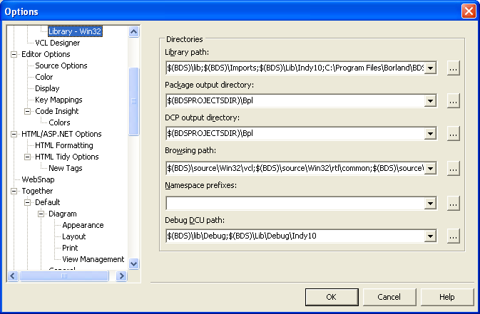 The Borland Delphi for Win32 library paths