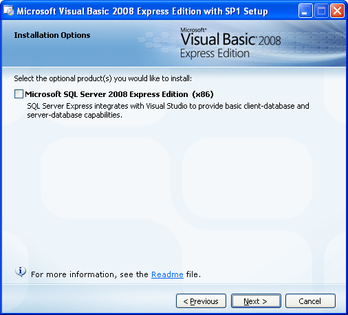 Install the Visual Basic 2008 Express Edition: skipping the MSSQL Express Edition component installation