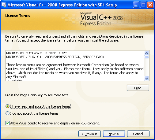 Install the Visual C++ 2008 Express Edition: accepting the license terms agreement
