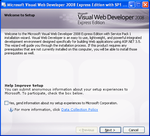 Install the Visual Web Developer 2008 Express Edition: the setup welcome page