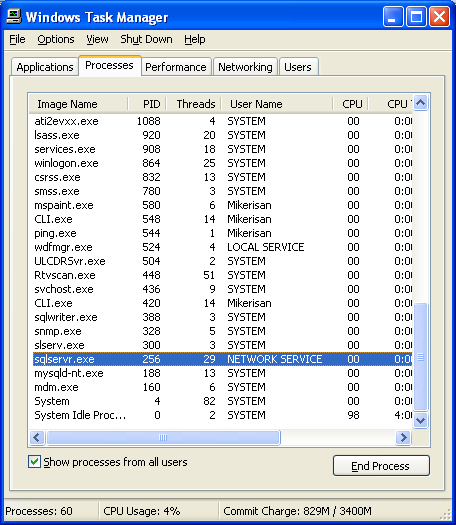 Install the MSSQL Express Edition: verifying the MSSQL Express Edition service through Windows Task Manager