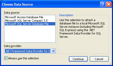 Install the MSSQL Express Edition: choosing the data source