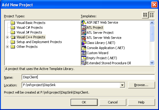 Figure 4: Adding DispClient, a new ATL project to solution.