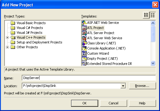 Figure 8: Adding new DispServer, an ATL project to solution.