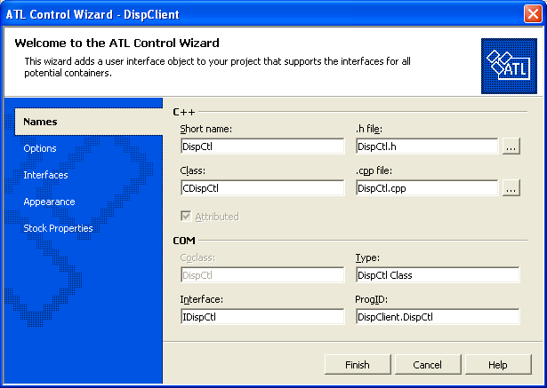 Figure 16: ATL Control Wizard, Names page.