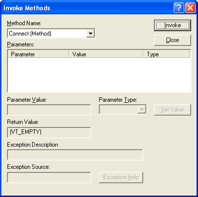 Figure 22: Invoking the Connect() method of the CDispCtl control in ActiveX Control Test Container.