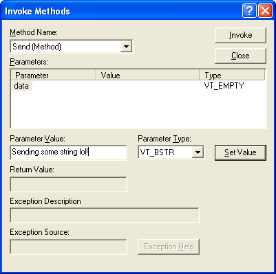Figure 23: Invoking the Send() method of the CDispCtl control in ActiveX Control Test Container.