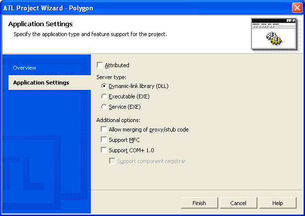 Figure 2: ATL Project Wizard – Application Settings page.