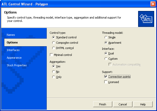 Figure 7: ATL Control Wizard, Options page.